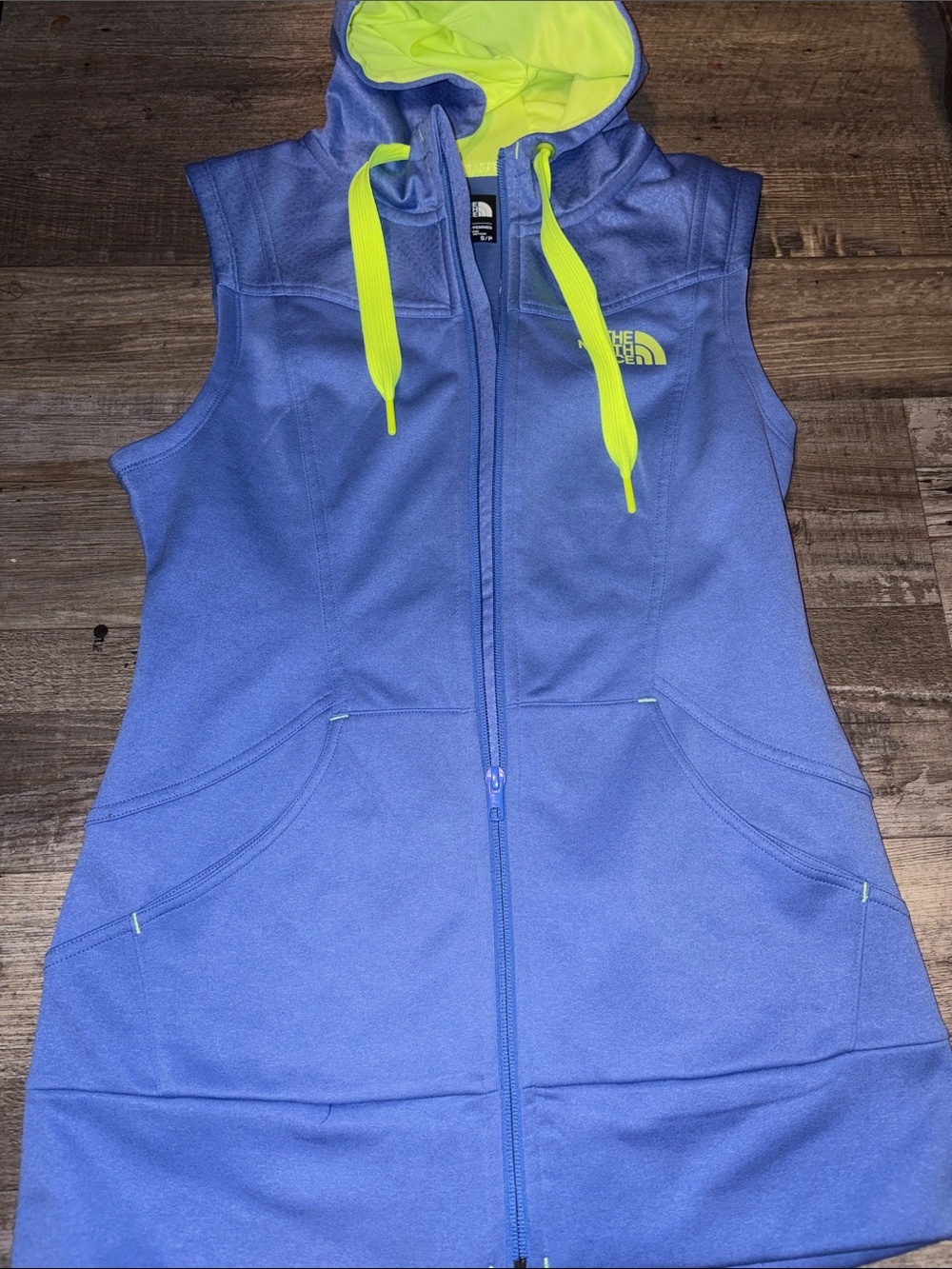 The North Face Periwinkle Sleeveless Zip Hoodie with Neon Yellow Trim
